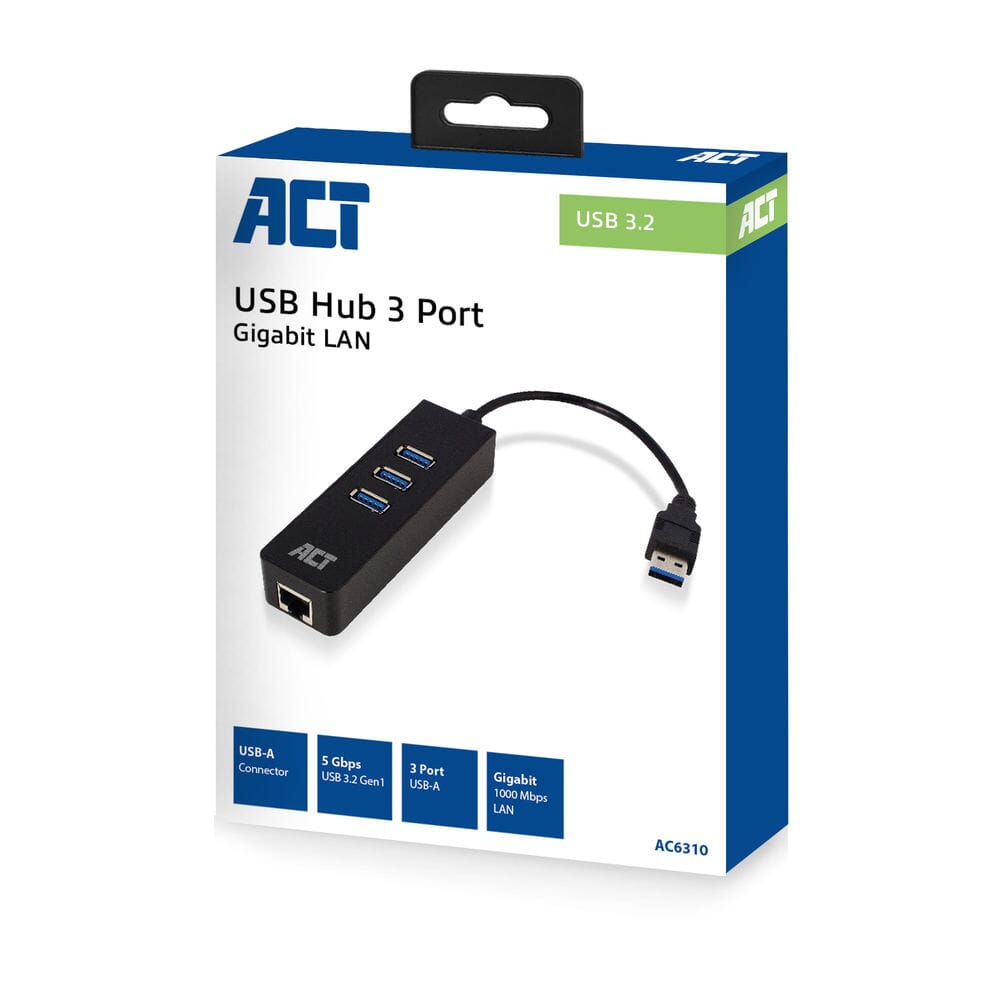 ACT USB Hub 3.2 3x USB-A ethernet, zwart