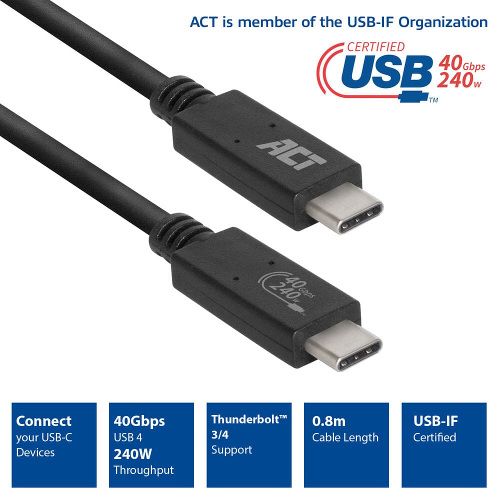 ACT USB4� 40Gbps aansluitkabel C male - C male 0,8 m USB-IF