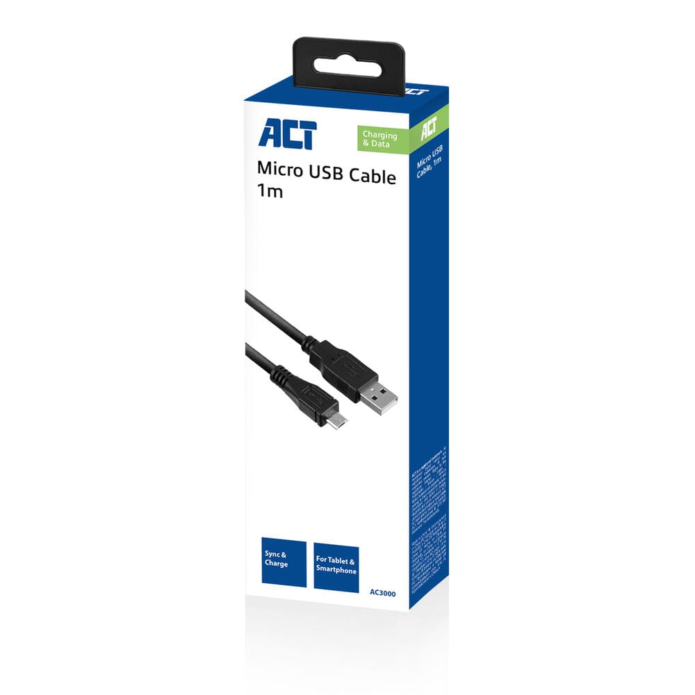 ACT USB 2.0 laad- en datakabel A male - micro B male 1 meter