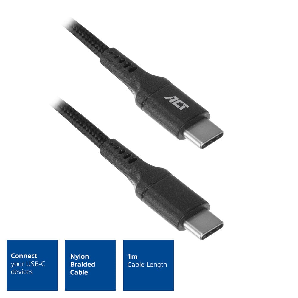 ACT USB-C male naar USB-C male laad- en datakabel 1m nylon