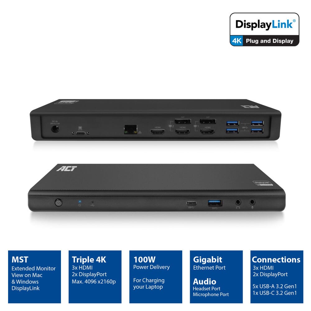 ACT USB-C Docking Station 4K, voor 2 of 3 monitoren