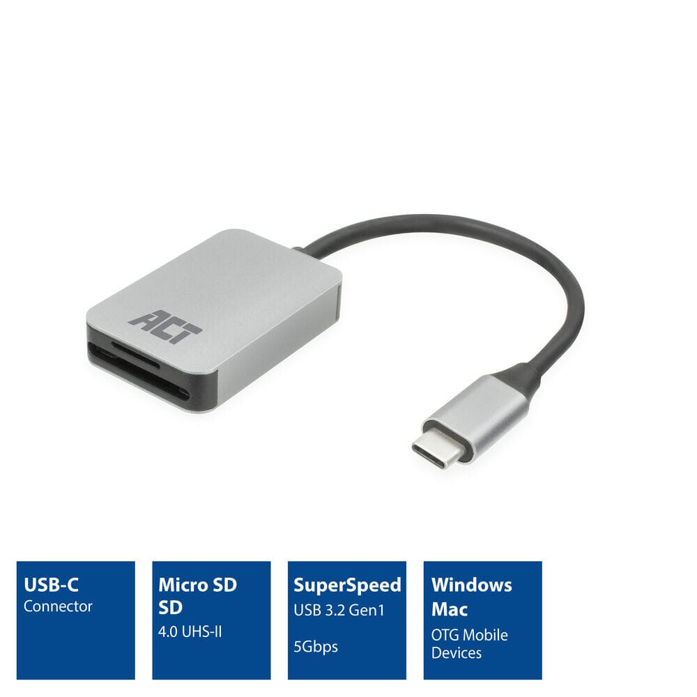 ACT USB-C kaartlezer voor SD en micro SD, SD 4.0 UHS-II