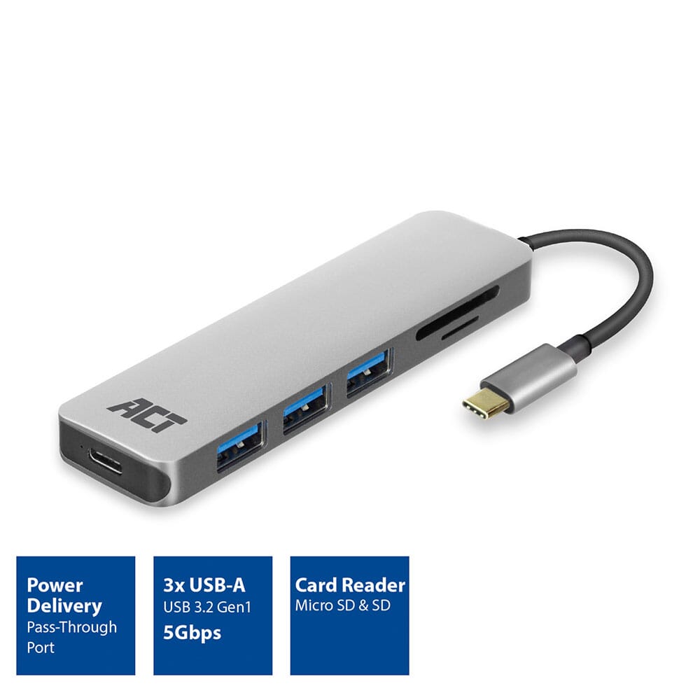 ACT USB-C hub 3.0, 3x USB-A, cardreader, PD pass-through