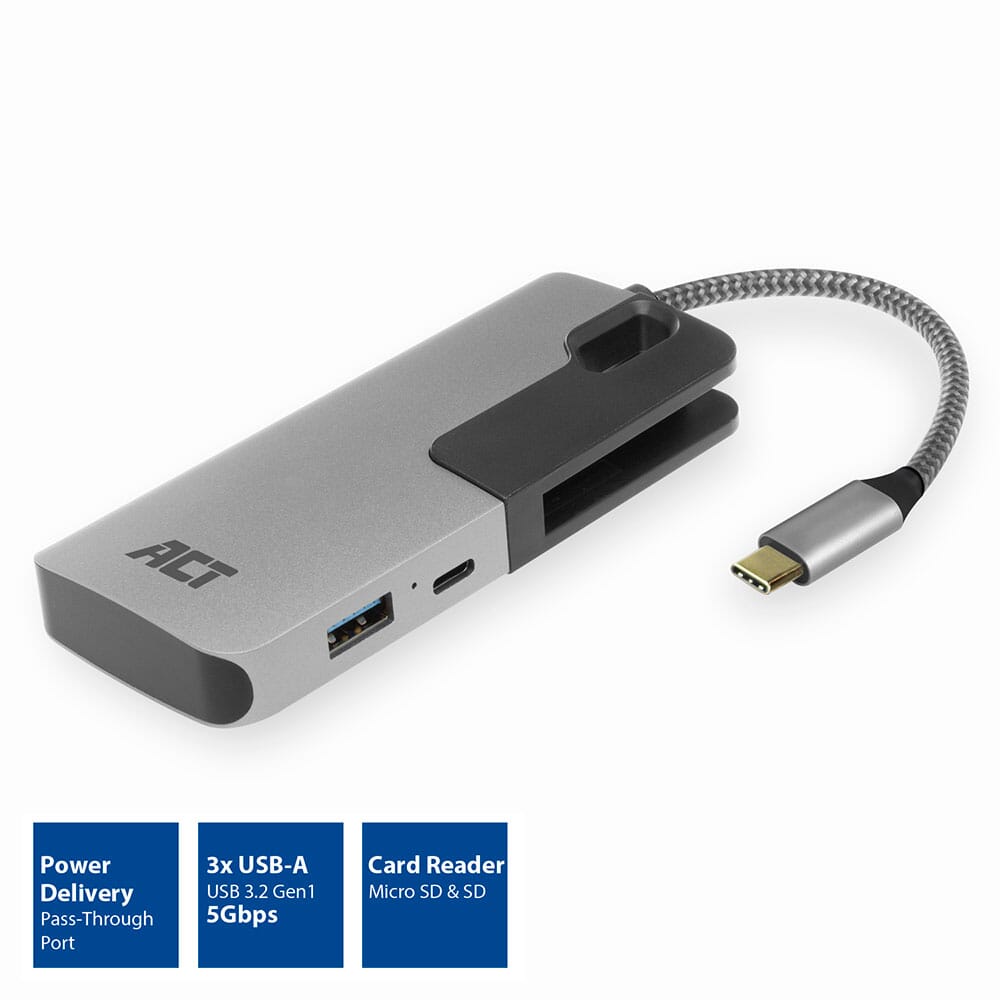 ACT USB-C hub 3.0, 3 poorts, cardreader, PD pass-through