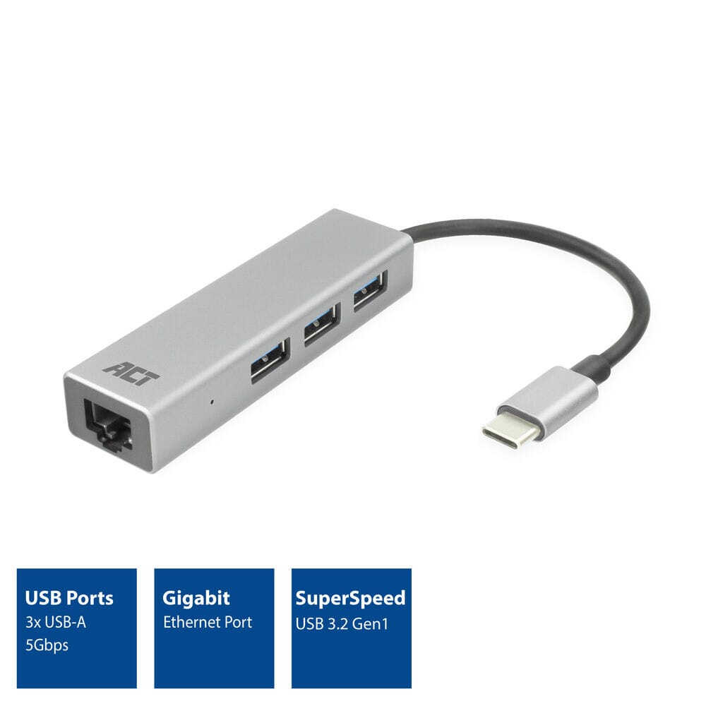 ACT USB-C hub 3.0, 3x USB-A, Gigabit ethernet