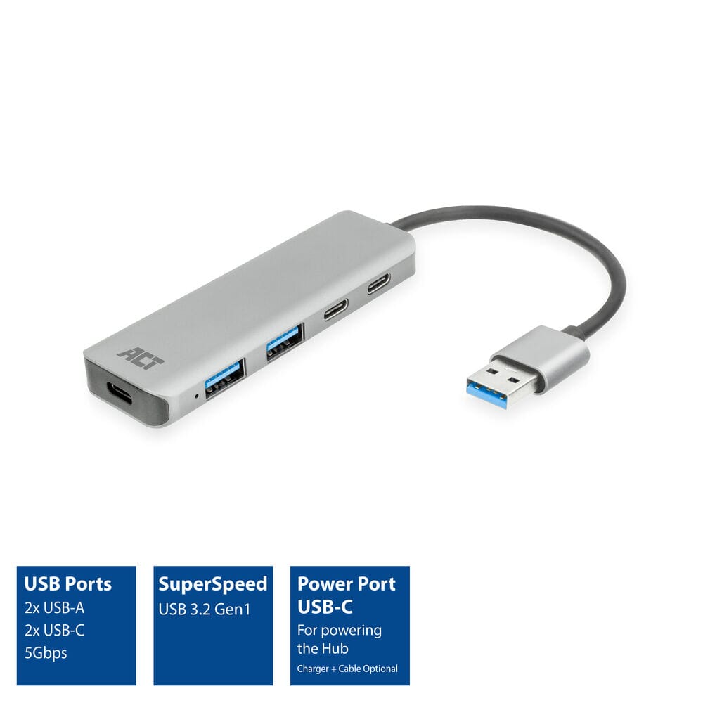 ACT USB-A hub 3.0, 2x USB-A, 2x USB-C