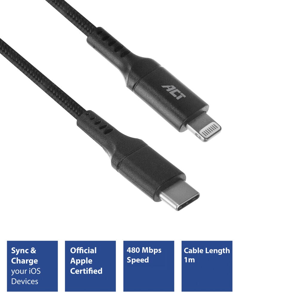 ACT USB A naar Lightning laad- en datakabel 1m nylon - zwart