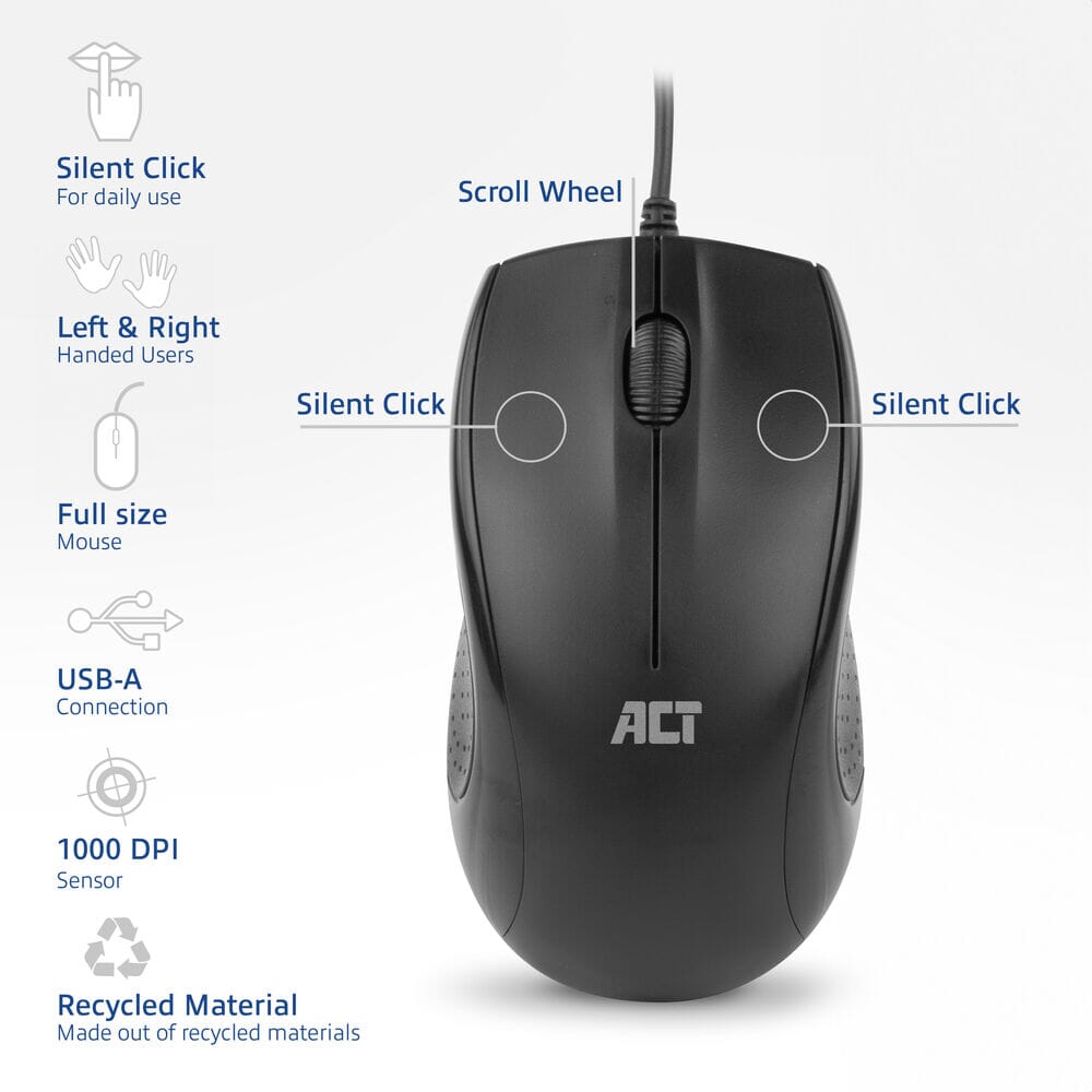 ACT Wired full-size optical mouse 1000 DPI, silent click